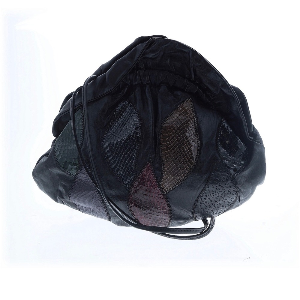 Pinky Vtg Blk Leather Patchwork Snakeskin Leaf Crossbody Pouch Bag Slouchy Boho